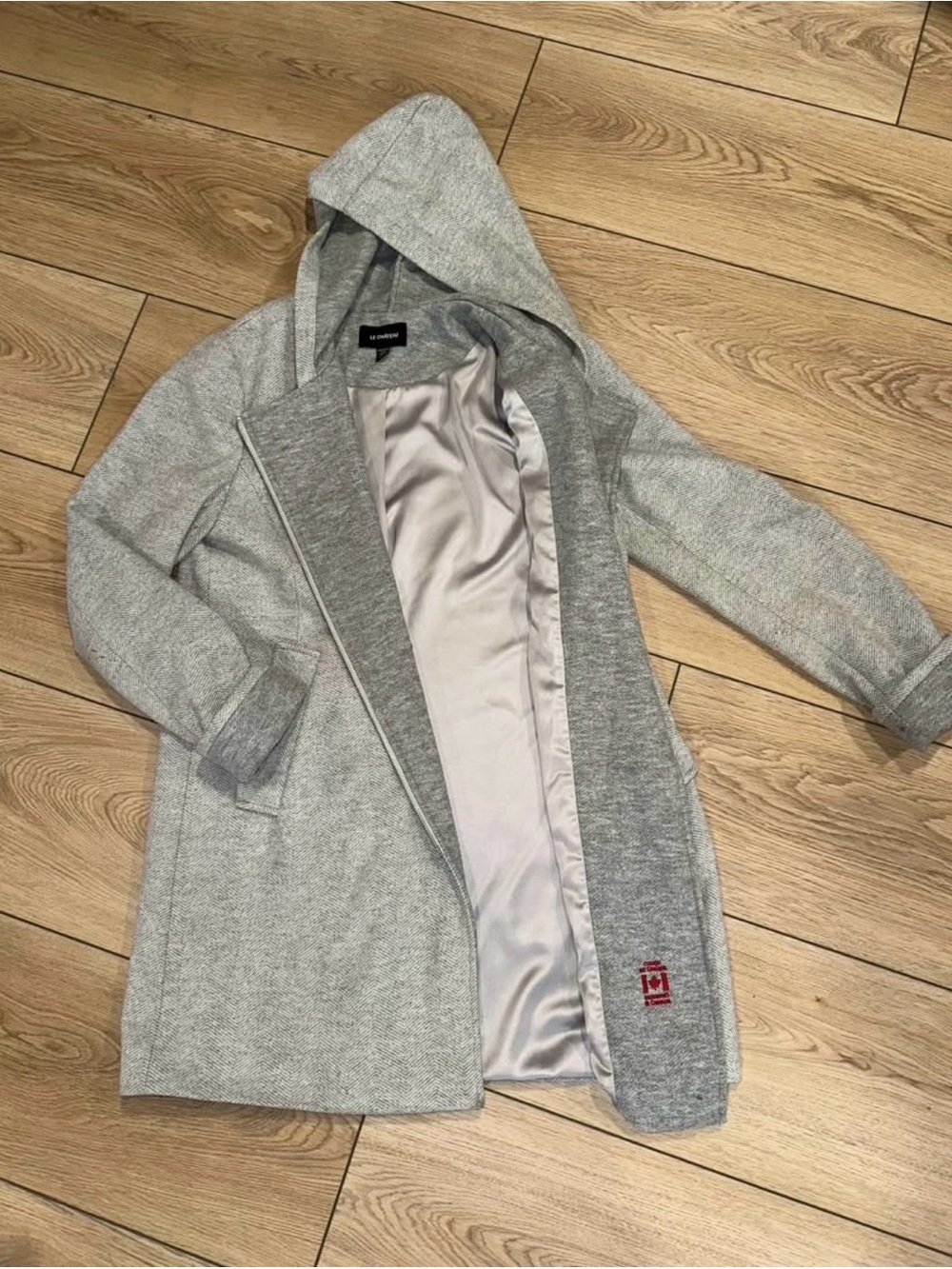 Le Chateau Grey Herringbone Asymmetrical Zip Hooded Jacket Long Chic Neutral Sm - Picture 3 of 14